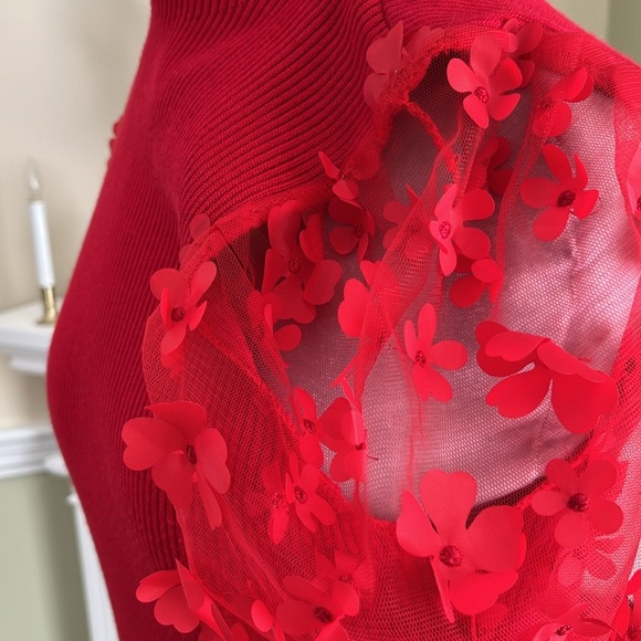 NO BOUNDARIES Red Ribbed Puffy Floral Sheer Sleeve Cable knit Sweater Dress NWOT - Picture 8 of 13